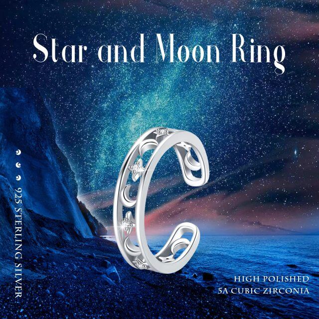 Sterling Silver Zircon Moon Open Ring-4