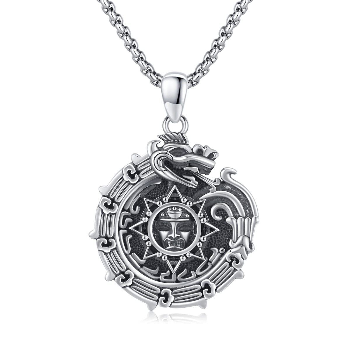 Sterling Silver Ouroboros & Aztec Calendar Pendant Necklace for Men-1