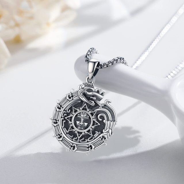 Collier en argent sterling avec pendentif Ouroboros et calendrier aztèque pour hommes-4