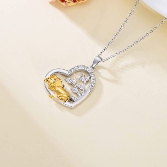 Sterling Silver Two-tone Round Cubic Zirconia Lion & Heart Pendant Necklace-4
