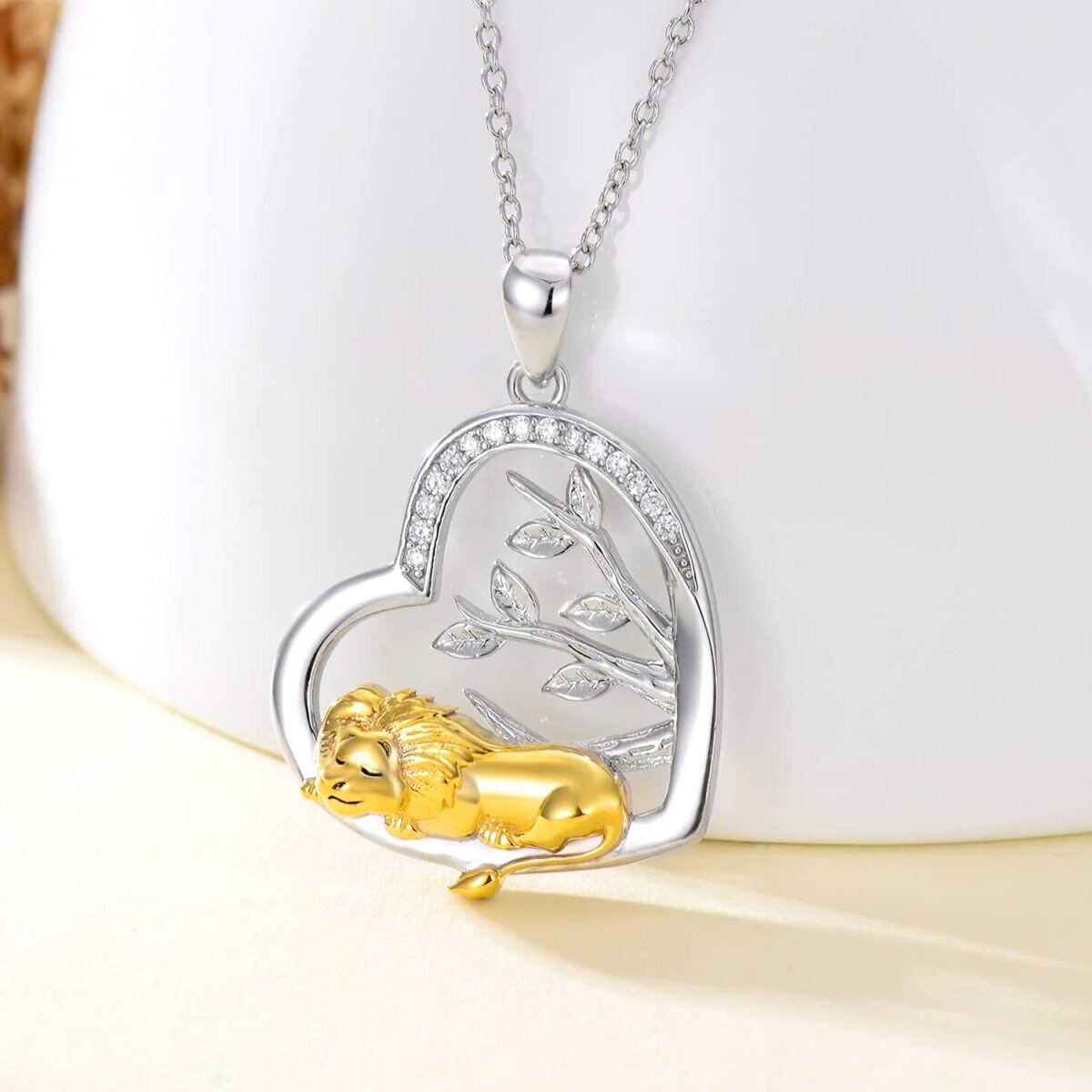 Sterling Silver Two-tone Round Cubic Zirconia Lion & Heart Pendant Necklace-5