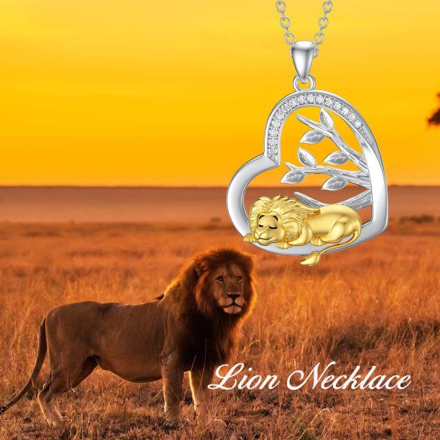 Sterling Silver Two-tone Round Cubic Zirconia Lion & Heart Pendant Necklace-3