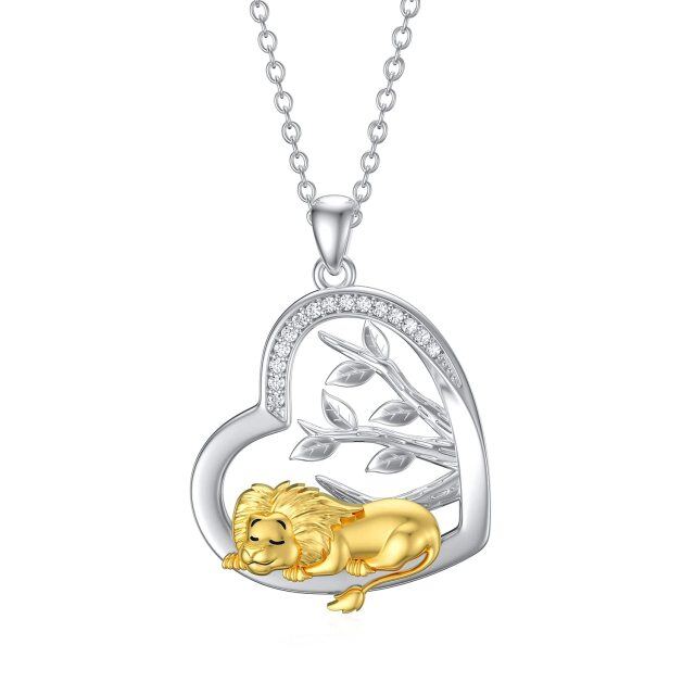 Sterling Silver Two-tone Round Cubic Zirconia Lion & Heart Pendant Necklace-1
