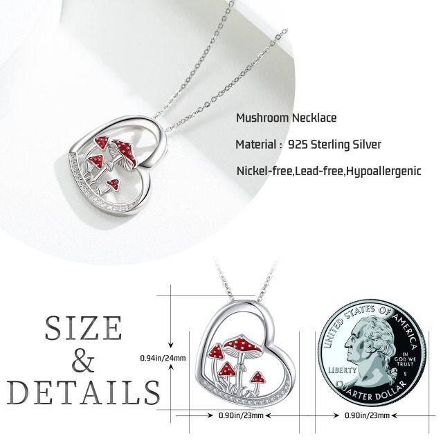 Sterling Silver Circular Shaped Cubic Zirconia Mushroom & Heart Pendant Necklace-5