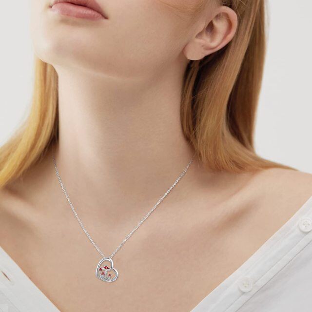 Sterling Silver Circular Shaped Cubic Zirconia Mushroom & Heart Pendant Necklace-3