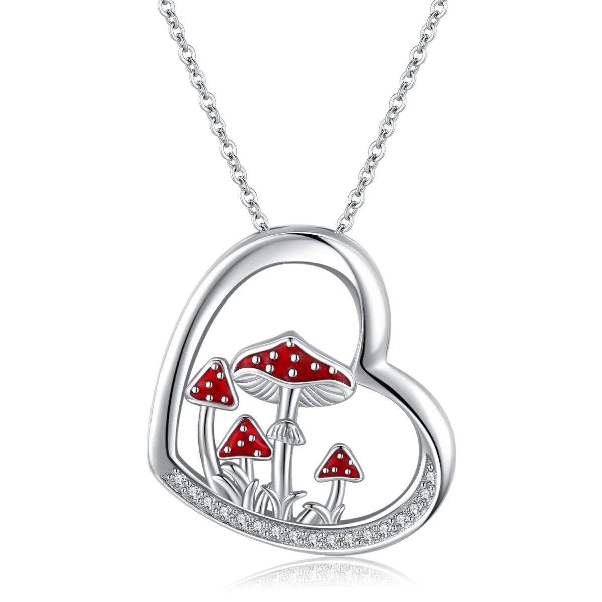 Sterling Silver Circular Shaped Cubic Zirconia Mushroom & Heart Pendant Necklace-1