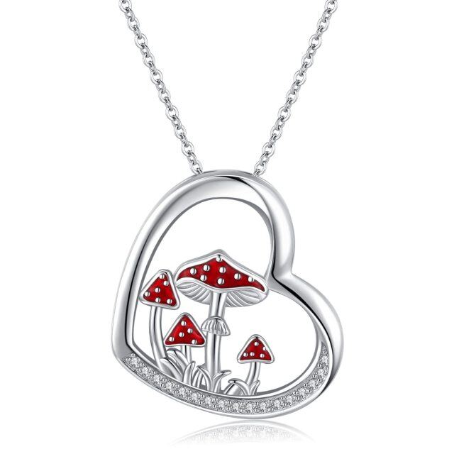 Sterling Silver Circular Shaped Cubic Zirconia Mushroom & Heart Pendant Necklace-0