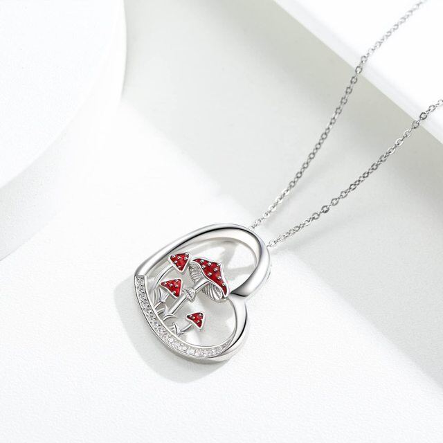 Sterling Silver Circular Shaped Cubic Zirconia Mushroom & Heart Pendant Necklace-4