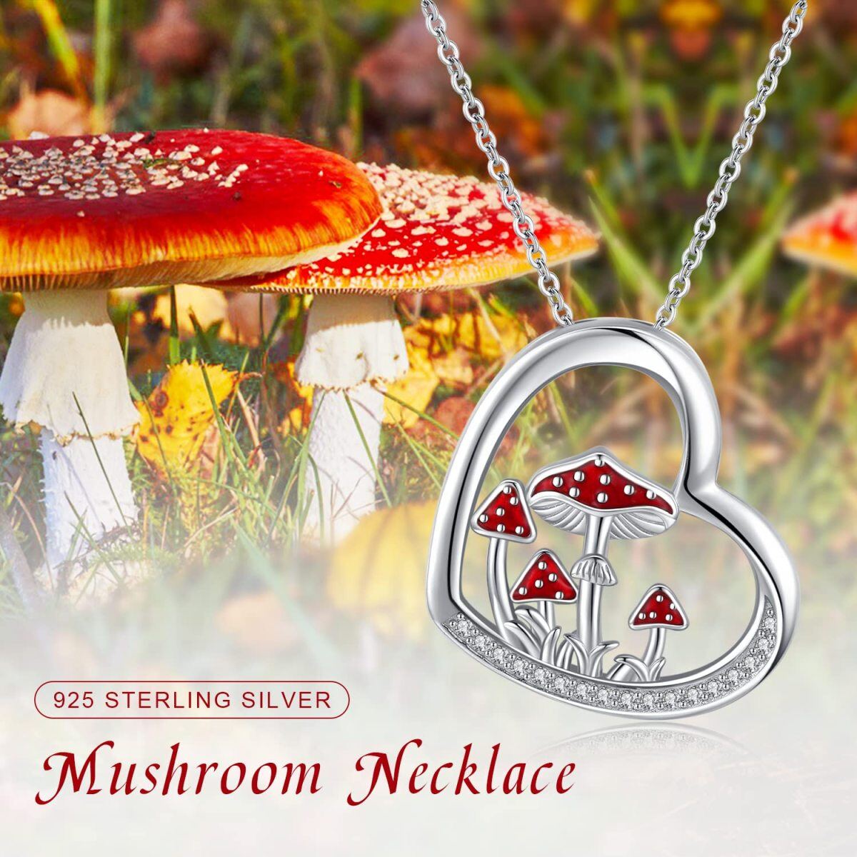 Sterling Silver Circular Shaped Cubic Zirconia Mushroom & Heart Pendant Necklace-7