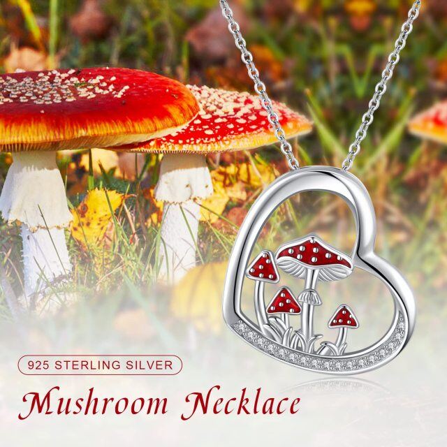 Sterling Silver Circular Shaped Cubic Zirconia Mushroom & Heart Pendant Necklace-6