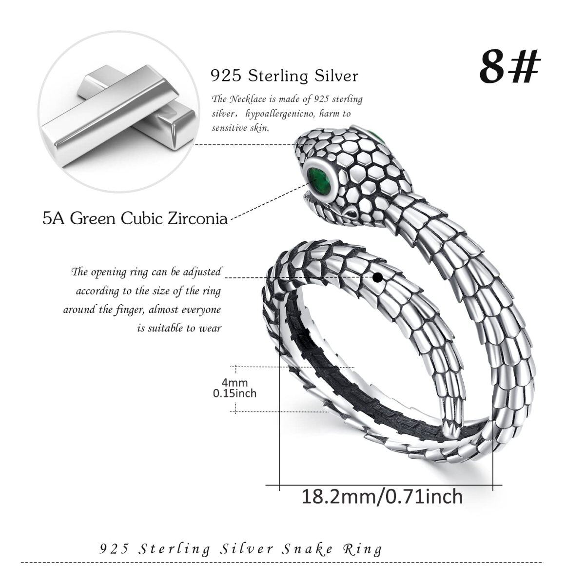 Sterling Silber kreisförmig Cubic Zirkonia Schlange offener Ring-6