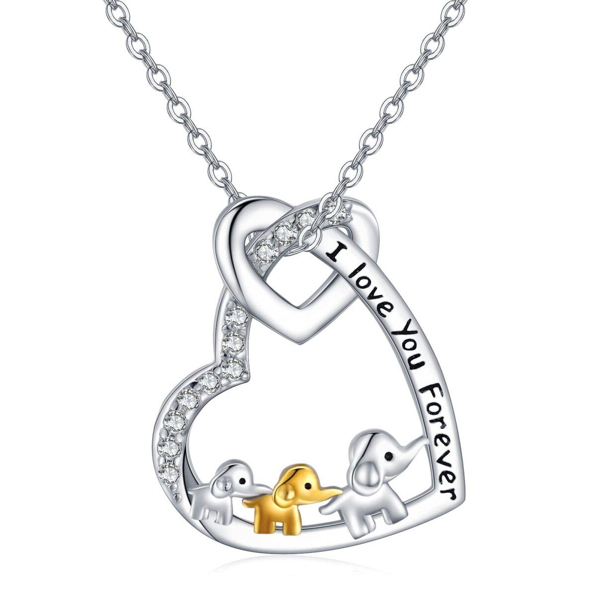 Sterling Silver Two-tone Circular Shaped Cubic Zirconia Elephant Cable Chain Necklace with Engraved Word-1