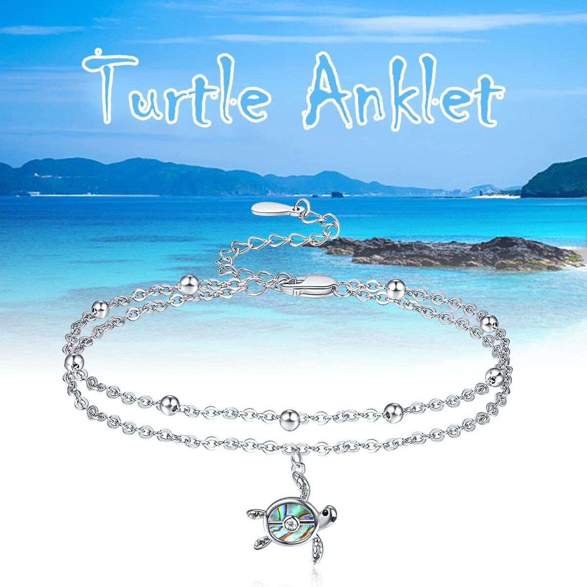 Sterling Silver Abalone Shellfish Sea Turtle Multi-layered Anklet-4