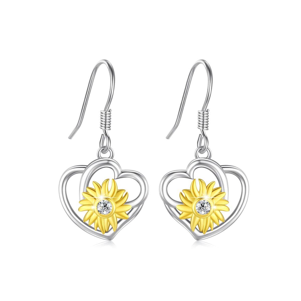 Boucles d'oreilles pendantes en argent sterling avec cœur en forme de tournesol et zircon cubique-1