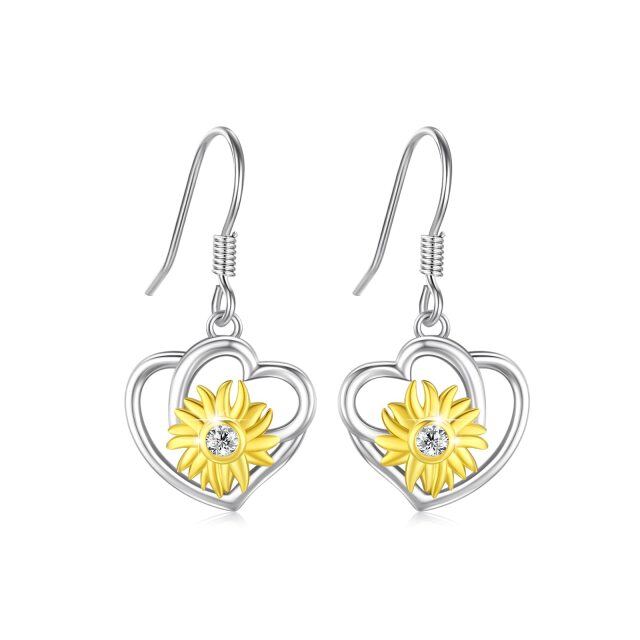 Sterling Silver Two-tone Cubic Zirconia Sunflower Heart Drop Earrings-0