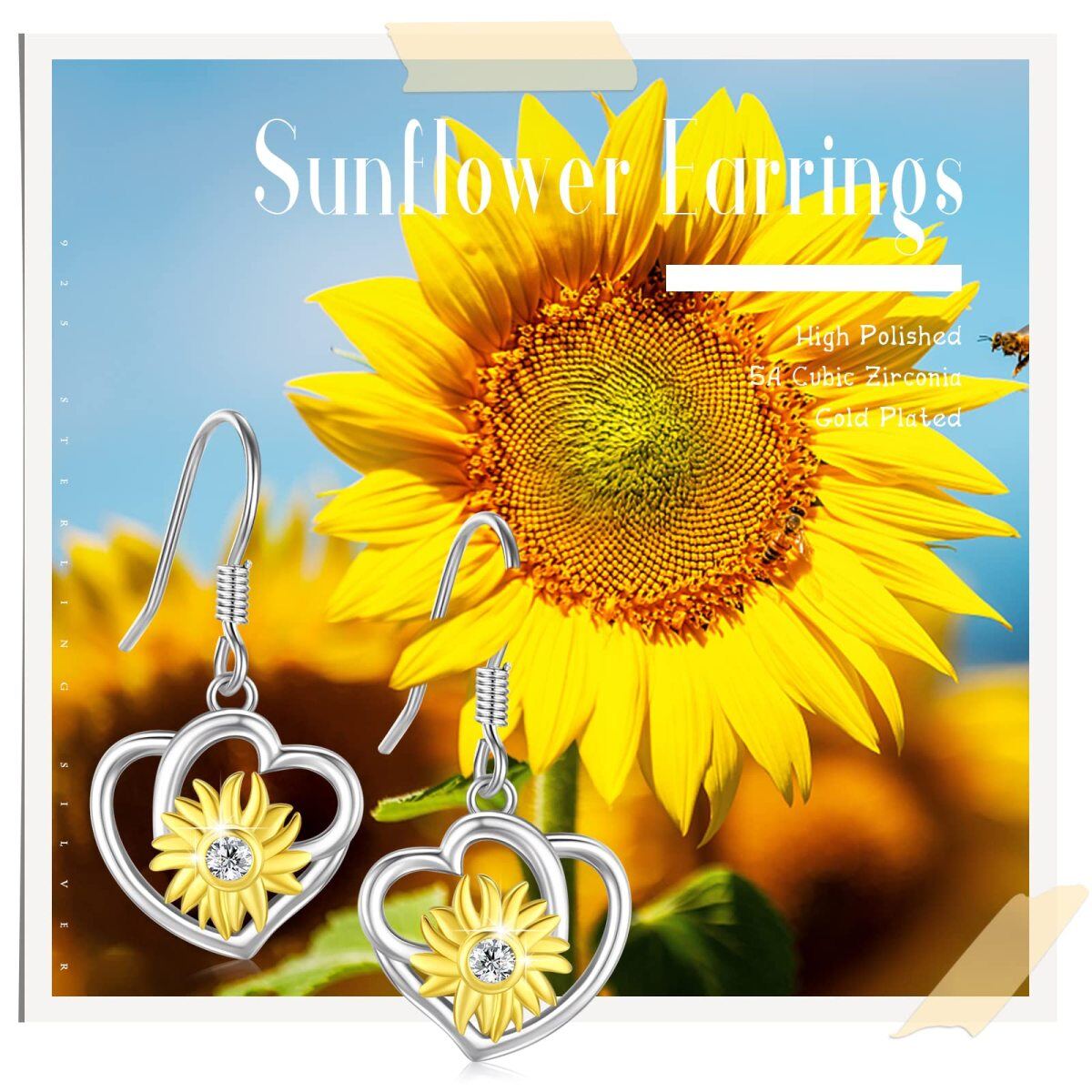 Sterling Silver Two-tone Cubic Zirconia Sunflower Heart Drop Earrings-5