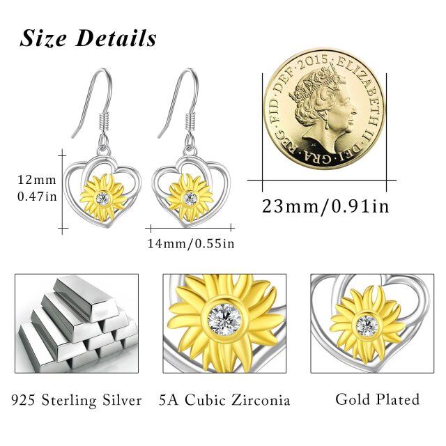 Sterling Silver Two-tone Cubic Zirconia Sunflower Heart Drop Earrings-3