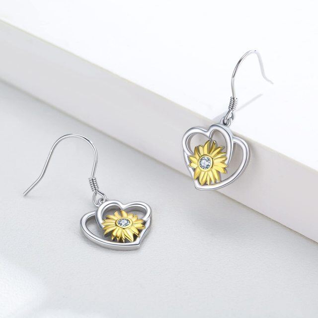 Sterling Silver Two-tone Cubic Zirconia Sunflower Heart Drop Earrings-2