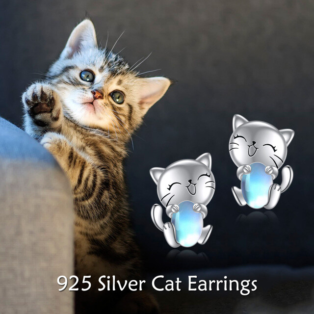 Pendientes de plata de ley con forma de gato y piedra de luna-2