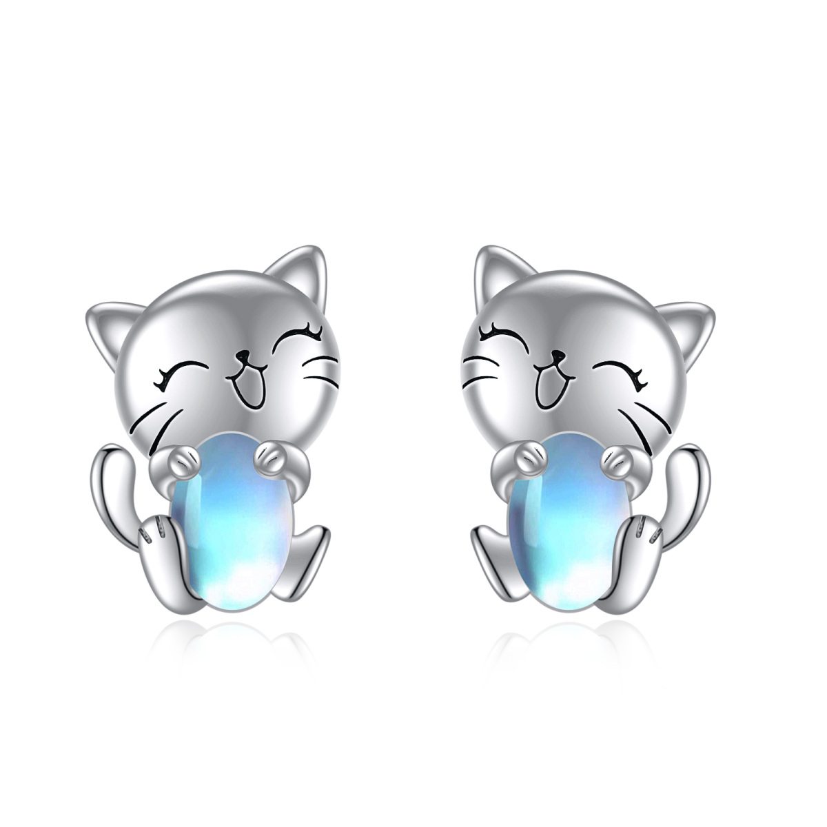 Pendientes de plata de ley con forma de gato y piedra de luna-1