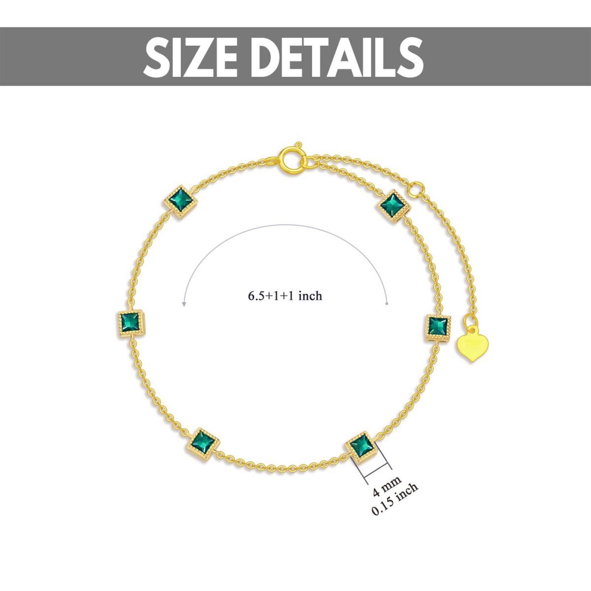 14K Gold Princess-square Shaped Emerald Pendant Bracelet-5