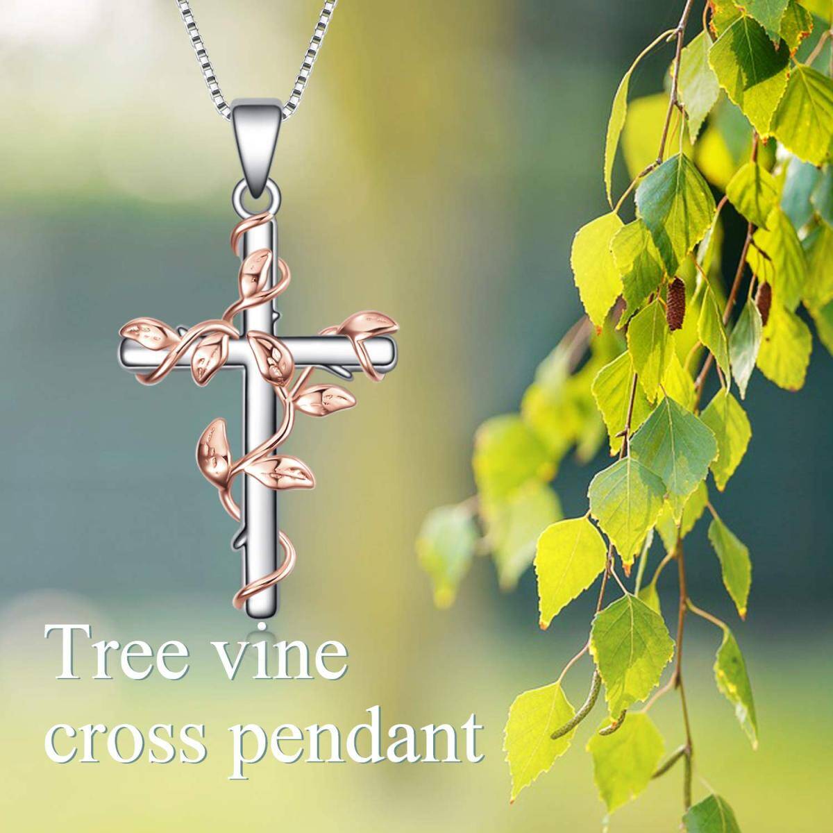 Sterling Silver Two-tone Ivy & Cross Pendant Necklace-6
