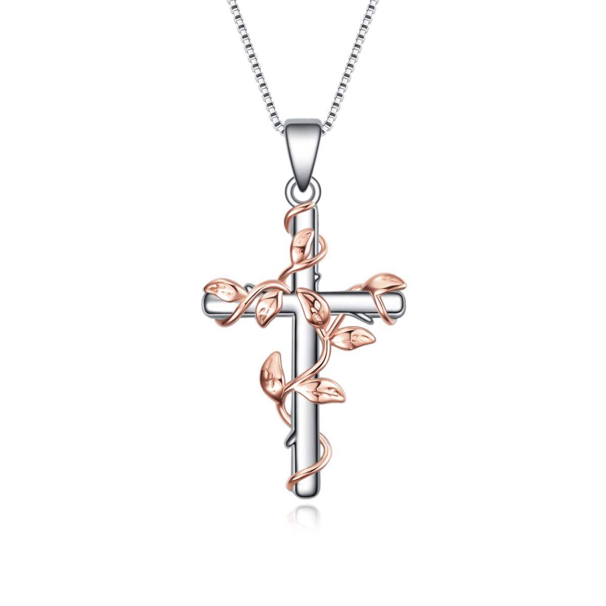 Sterling Silver Two-tone Ivy & Cross Pendant Necklace-1