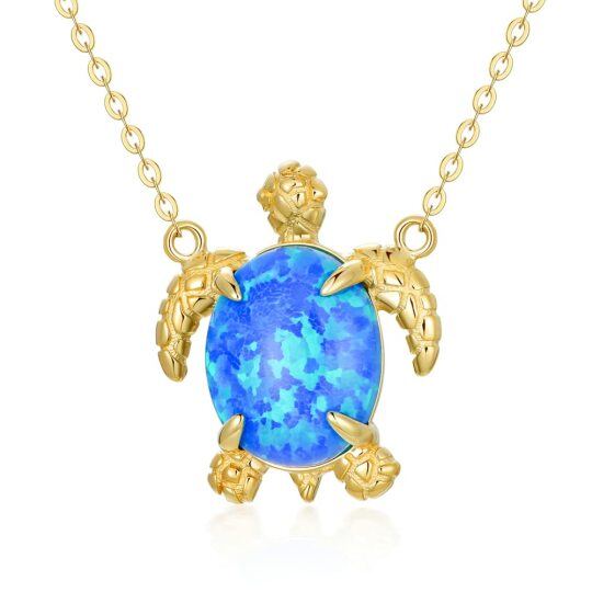 Collier avec pendentifs en forme de tortue et opale bleue en or 14 carats pour femme