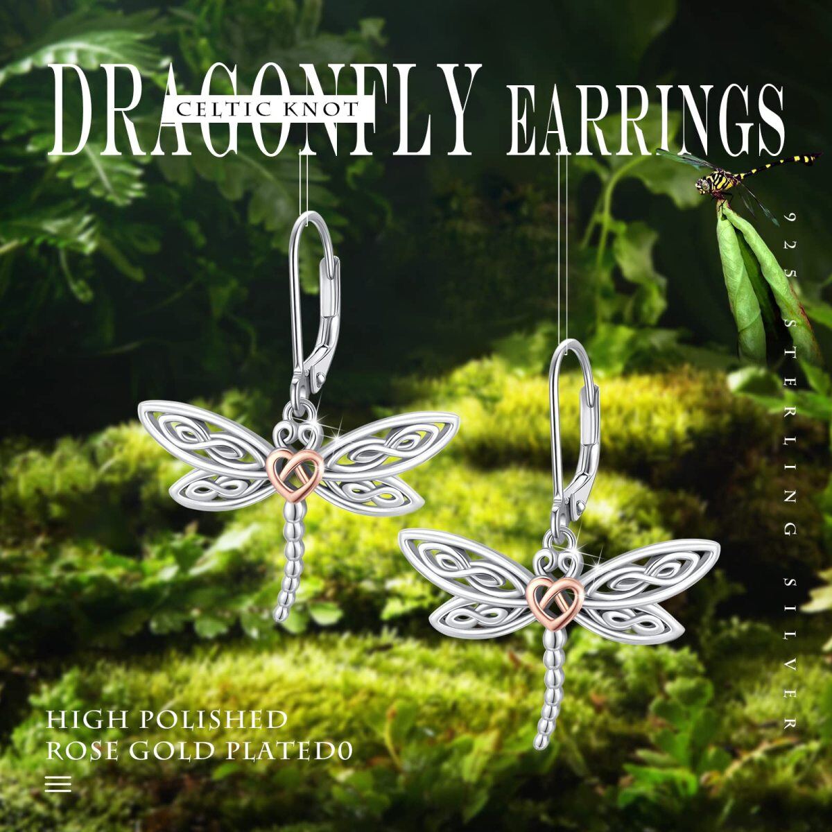 Sterling Silver Two-tone Dragonfly Drop Earrings-5