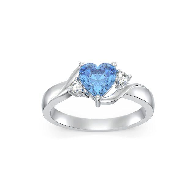 Birthstone Ring Heart Crystal Ring 925 Sterling Silver Blue Topaz Ring Mother's Day-1
