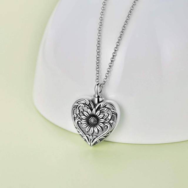 Sterling Silver Sunflower & Heart Urn Necklace for Ashes-2