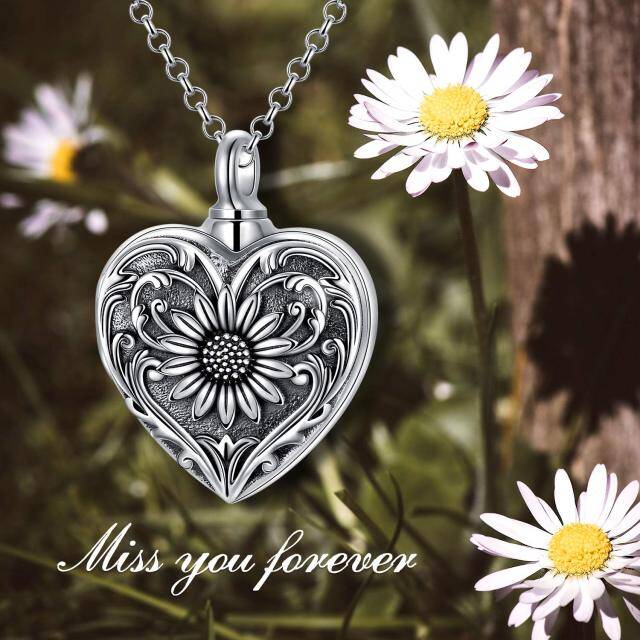 Sterling Silver Sunflower & Heart Urn Necklace for Ashes-6