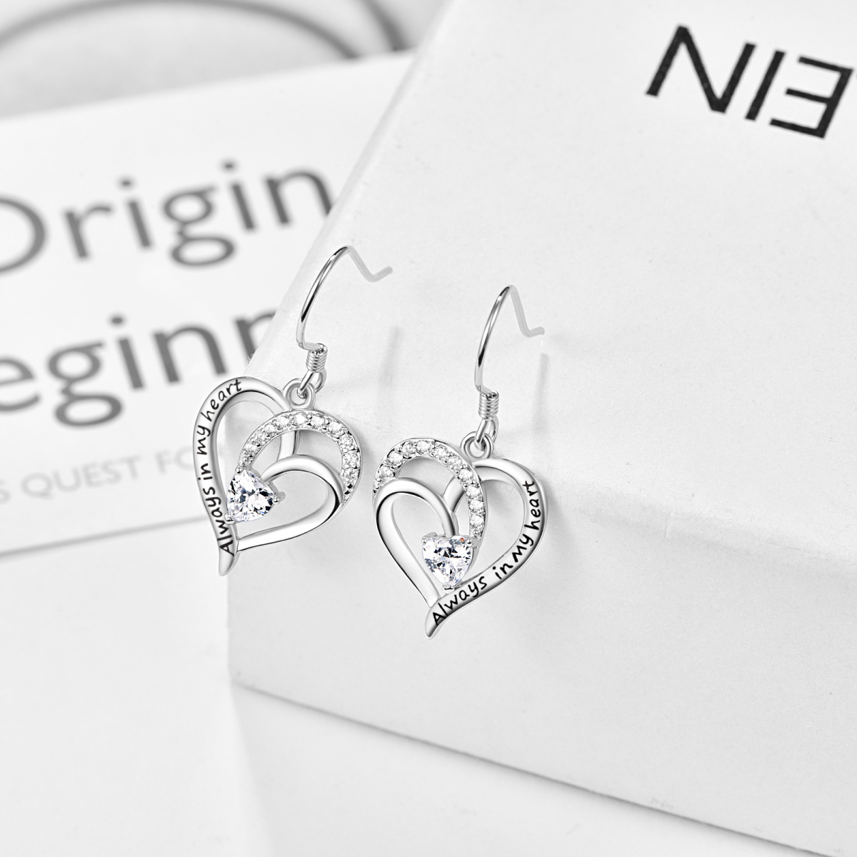 Sterling Silver Heart Shaped Cubic Zirconia Heart With Heart Drop Earrings with Engraved Word-4