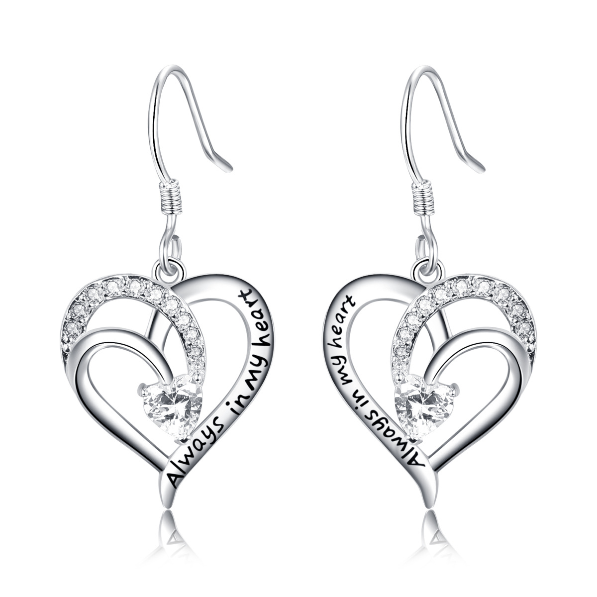 Sterling Silver Heart Shaped Cubic Zirconia Heart With Heart Drop Earrings with Engraved Word-1