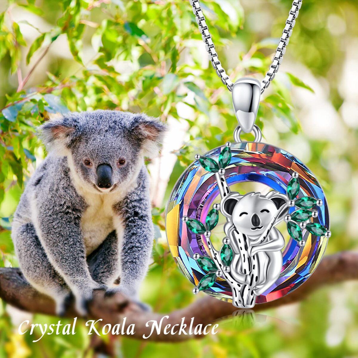 Sterling Silver Circular Shaped Crystal Koala Pendant Necklace-6