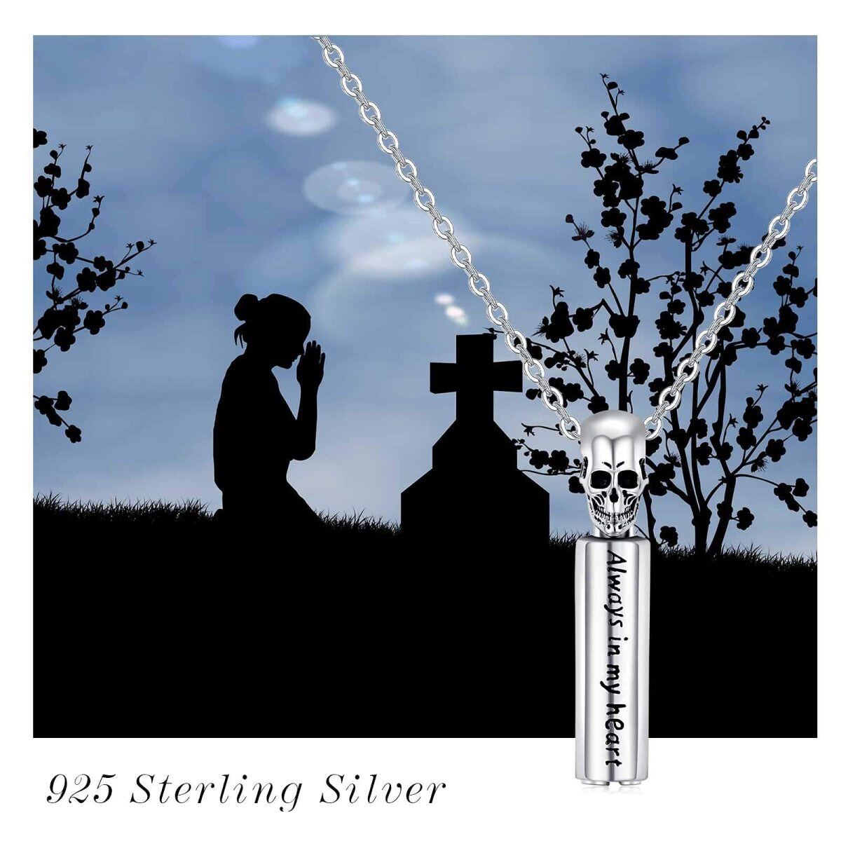 Sterling Silber Schädel Urne Halskette für Asche eingraviert immer in meinem Herzen-5