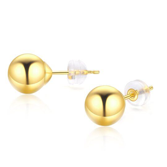 14K Solid Yellow Gold Ball Stud Earrings with Silicone for Women