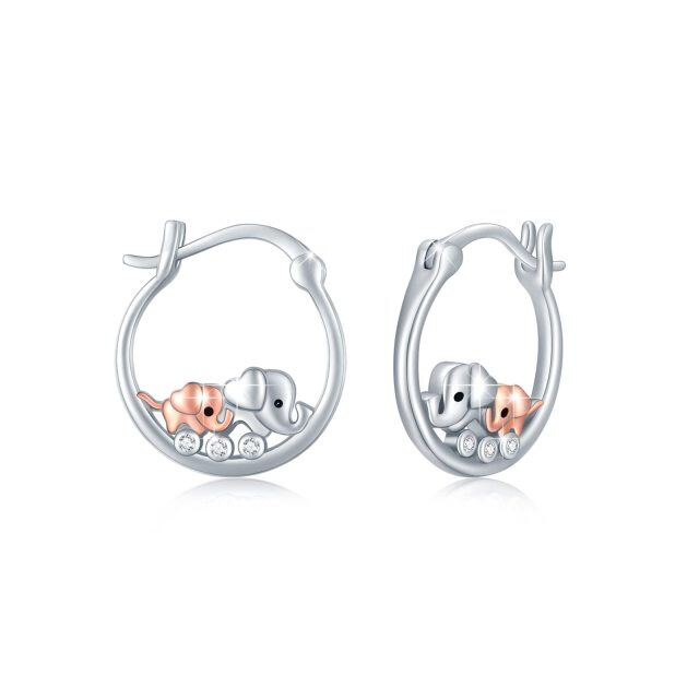 Sterling Silver Two-tone Circular Shaped Cubic Zirconia Elephant Hoop Earrings-1