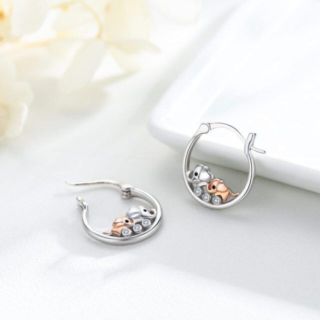 Sterling Silver Two-tone Circular Shaped Cubic Zirconia Elephant Hoop Earrings-3