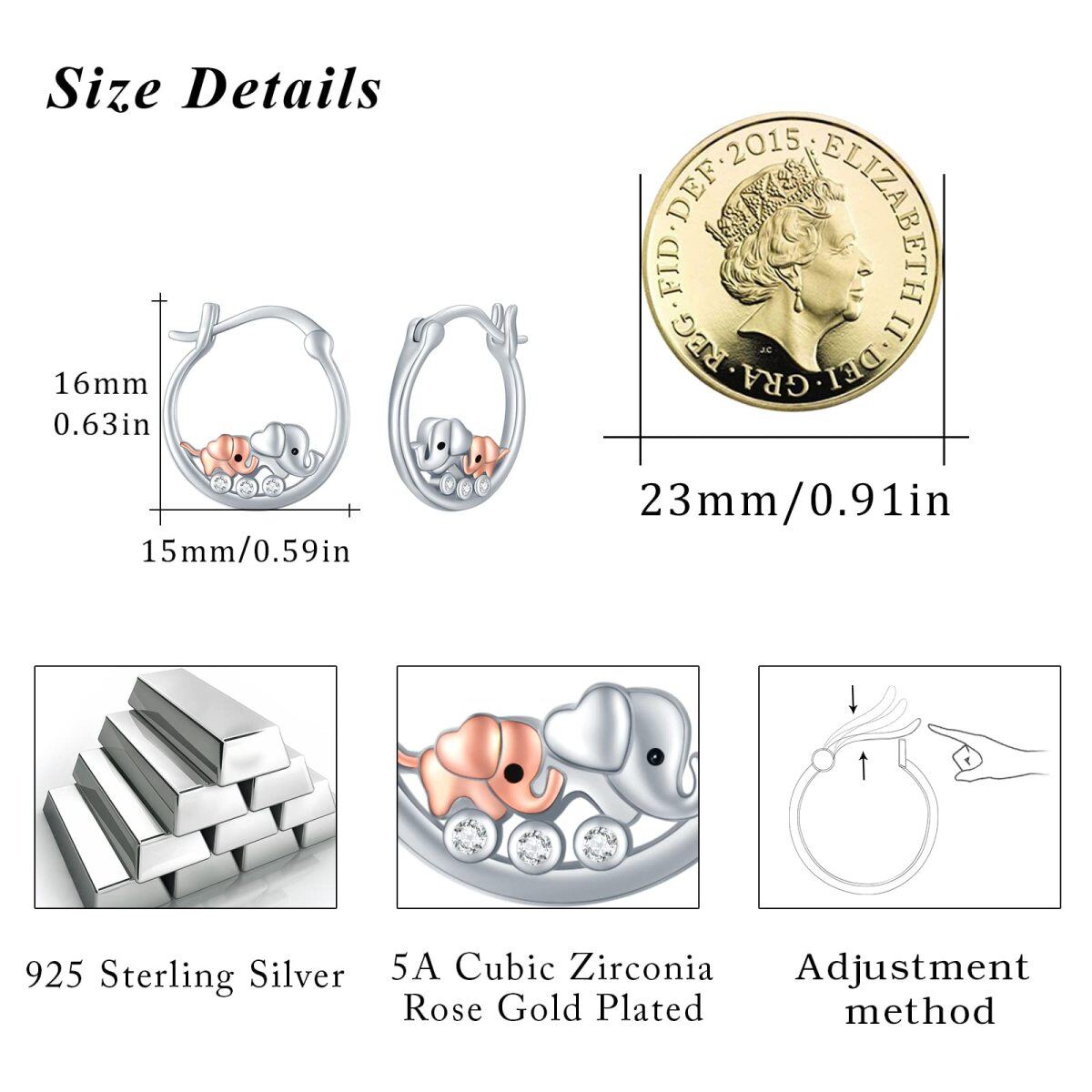 Sterling Silver Two-tone Circular Shaped Cubic Zirconia Elephant Hoop Earrings-5