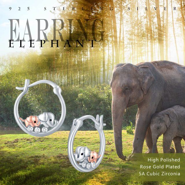 Sterling Silver Two-tone Circular Shaped Cubic Zirconia Elephant Hoop Earrings-4