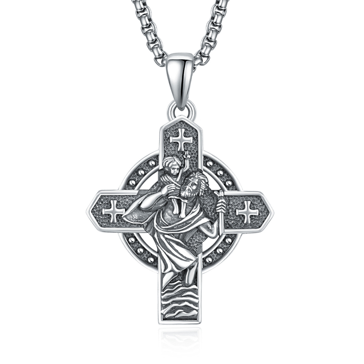 Sterling Silver Cross & Saint Christopher Pendant Necklace with Engraved Word for Men-1