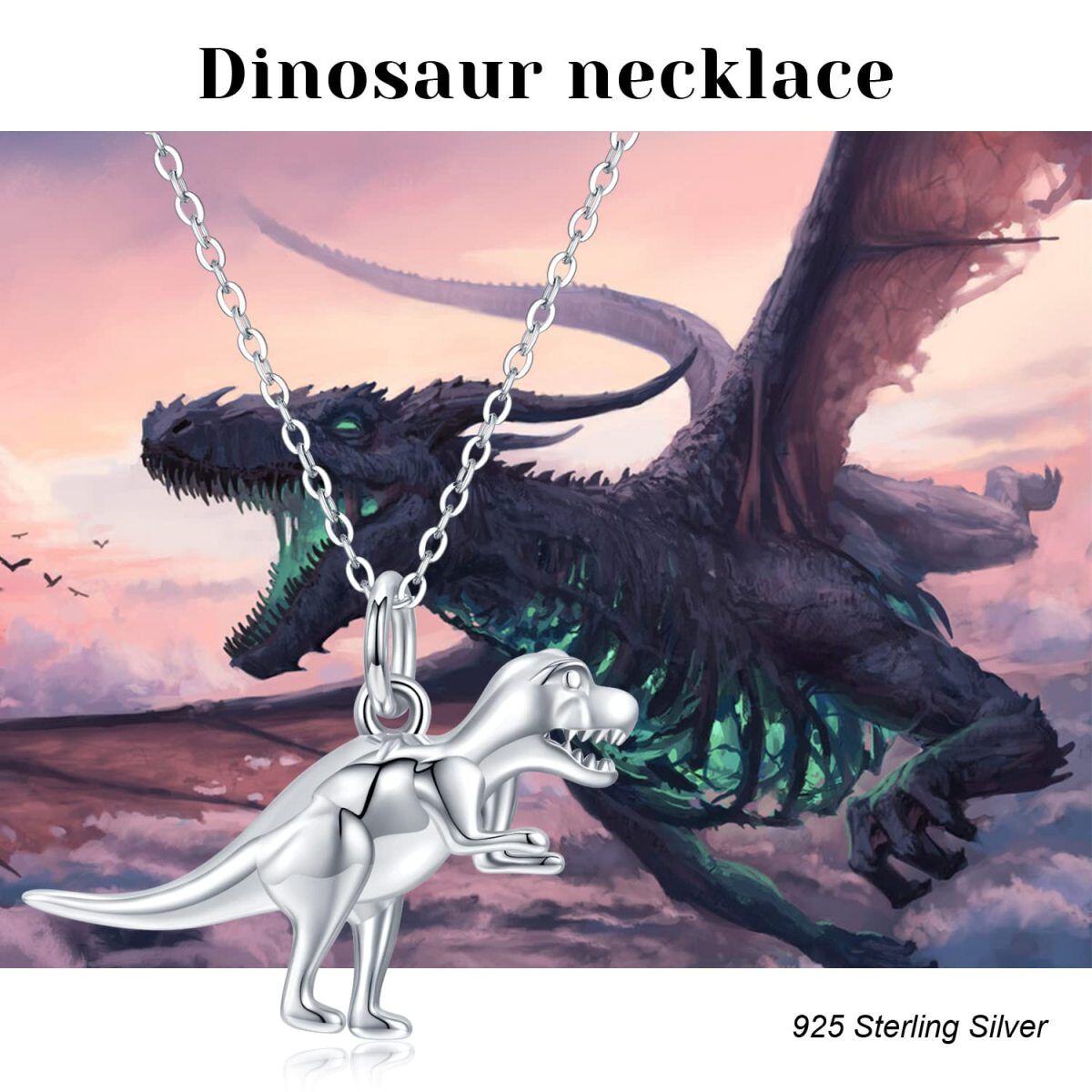 Sterling Silver Dinosaur Pendant Necklace for Women-6