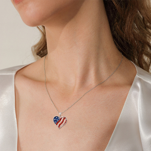 Sterling Silver American Flag & Heart Pendant Necklace-3