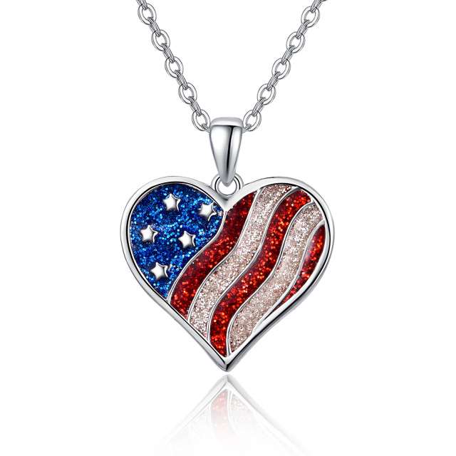 Sterling Silver American Flag & Heart Pendant Necklace-1