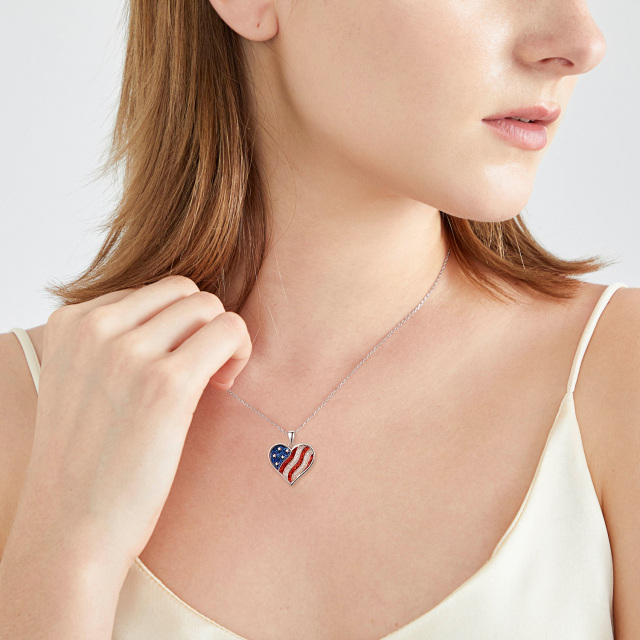Sterling Silver American Flag & Heart Pendant Necklace-2