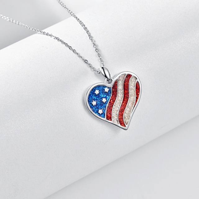 Sterling Silver American Flag & Heart Pendant Necklace-5