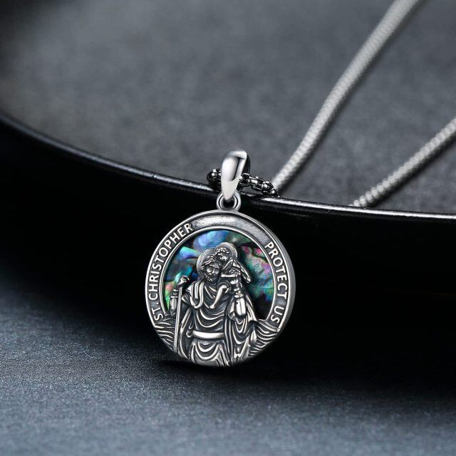Sterling Silver Abalone Shellfish Saint Christopher Pendant Necklace with Engraved Word for Men-5