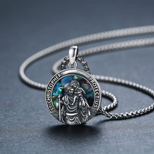 Sterling Silver Abalone Shellfish Saint Christopher Pendant Necklace with Engraved Word for Men-4