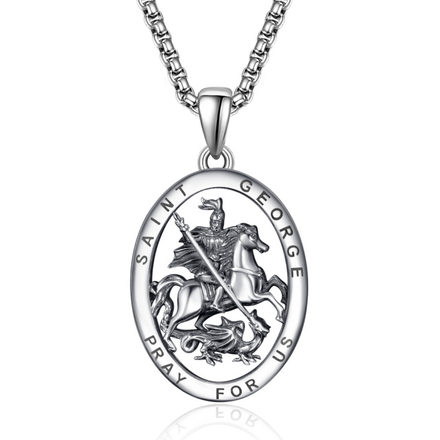 Sterling Silver Saint George Pendant Necklace with Engraved Word for Men-1